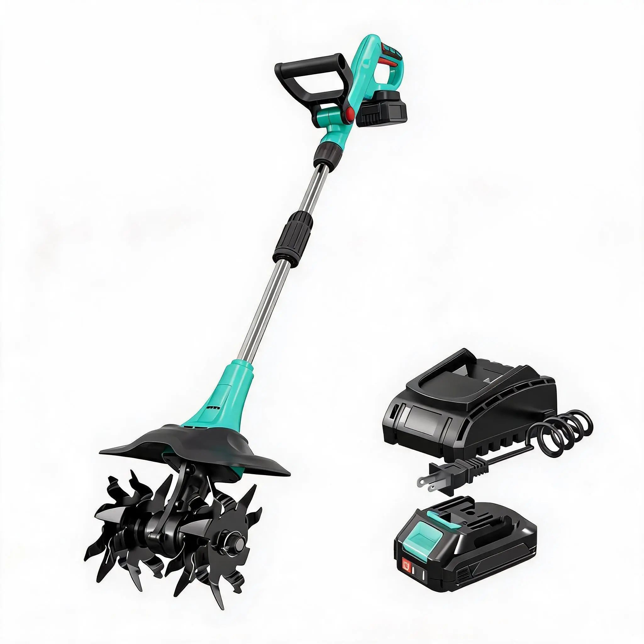 Battery powered electric tiller for gardening - Battery powered mini rotary tiller with 2 × 2.0Ah batteries - Lightweight handheld gardening tool - Soil tillage