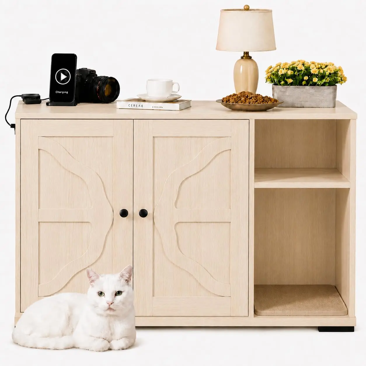 Garvee Cat Litter Box Robot Enclosure Furniture, Large Cat House for Self-Cleaning Litter Box, Dog Proof Cat Cabinet with Side Outlet & 5 ft Power Cord, Modern Pet Furniture