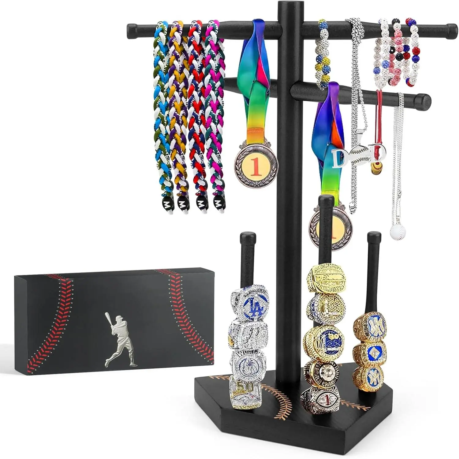 Wooden Baseball & Softball Drip Necklace Holder and Ring Display Stand, Championship Ring Case Organizer for Youth Boys Players, Baseball Lifestyle 101 Accessories for Room Decor, Baseball Gifts Black