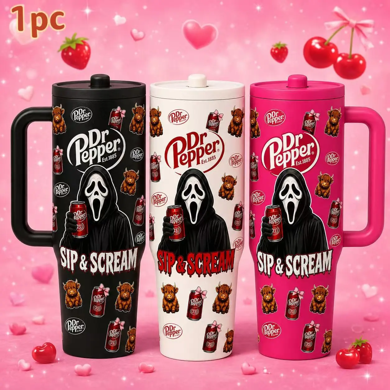 1pc 40oz Coquette Ghostface Scream Dr Pepper Highland Cow Tumbler with Handle and Straw, 3 Colors Black White Hot Pink Sip & Scream Horror Print Insulated Travel Mug, Large Capacity Stainless Steel Water Cup for Halloween Horror Fans Country Girls Gift