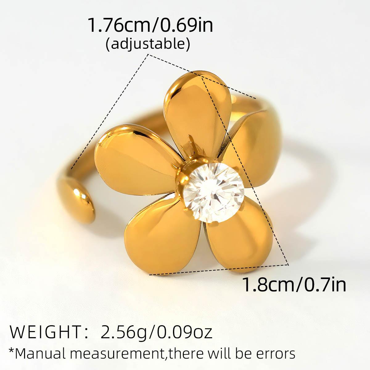1pc 18K Gold Plated Zircon Flower Open Ring for Women, Stainless Steel Minimalist Summer Adjustable Jewelry, Everyday Wear Party Gift for Girlfriend Mom Friend Gold-Plated Striped Couple Stacking