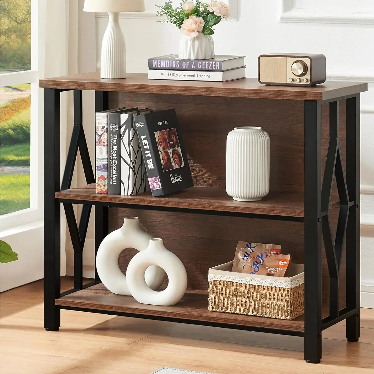 Bookshelf, 3-Tier Rustic Short Bookshelf, Industrial Shelf Bookcase with Engineered  Shelves, Low Bookcase with Storage, Small Shelf for Living Room, Bedroom and Office, Rustic Brown