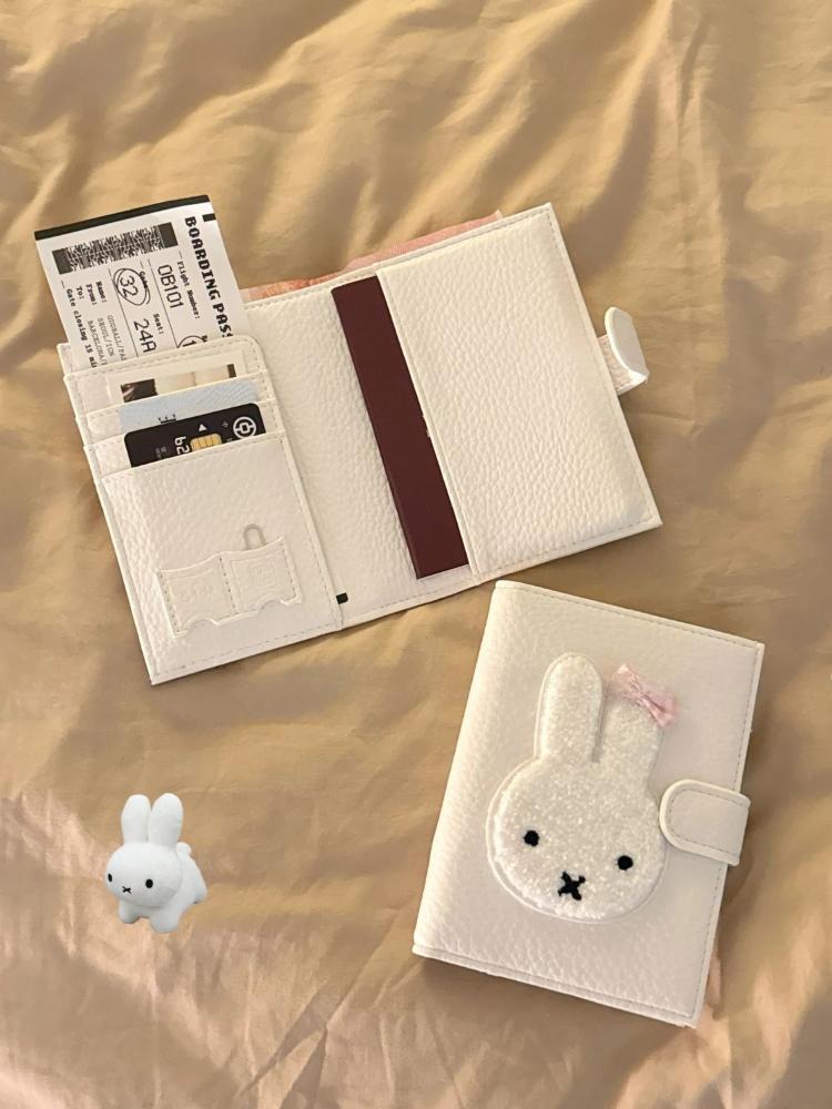 Miffy Plush Bunny PU Passport Holder Multi-Function RFID-Blocking Card Wallet with Kawaii Bow Couple's Mini Purse Perfect Gift