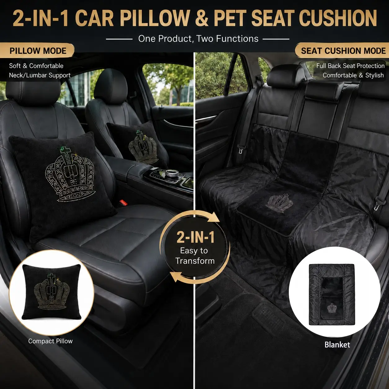 1pc 2-In-1 Car Pillow Blanket, Rhinestone Queen Crown Decor, Luxury Car Backrest, Backrest Seat Cushion, Pet Pad, Comfortable and Stylish Automotive Accessory