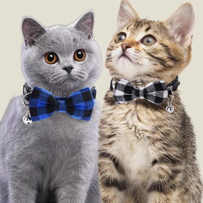 Classic Plaid Cat Collar Set with Bow Tie Bell and 1.2M Leash, Breakaway Safety Adjustable Kitten Collar, XS/S Size Soft Woven Pet Neck Strap for All Breeds Kitty, Cute Photo Prop Walking Kit for Indoor Cats, Summer Wins Trendy Pet Accessory