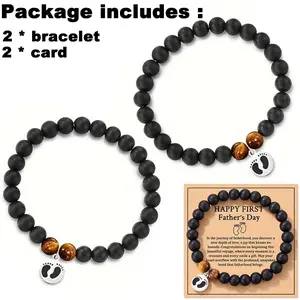 2PCS Classic 8mm Adjustable Black Bead Bracelet & Footprint Set Charm Round Tag Pendant New Dad Gift for Father's Day Birthday Gift Vintage Elastic Handmade Black Beaded Bracelet Gift with Card