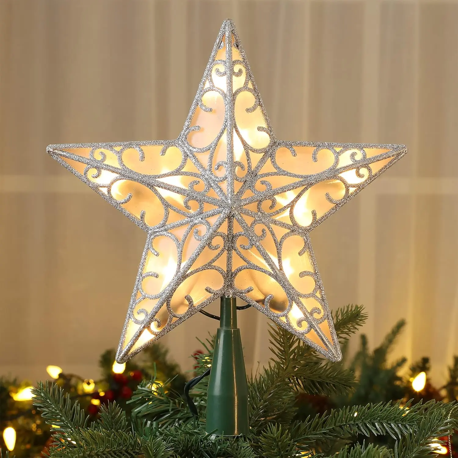 9.5in UL Certified 3D Double Sided Star Christmas Tree Topper with 10 Count Incandescent Warm White Lights for Xmas Tree New Year Home, Silver