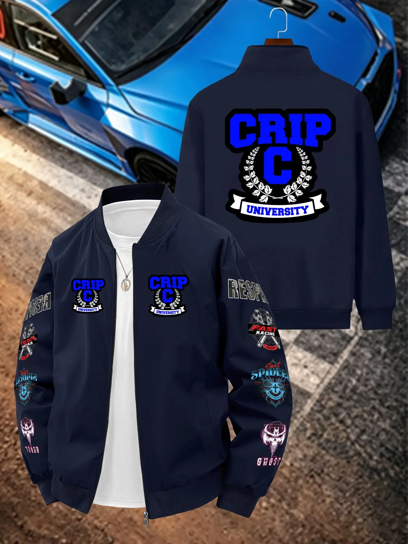 Crip University Badge Print Men's Casual Jacket, Long Sleeve Slim Fit, Geometric Pattern, All Seasons Wear