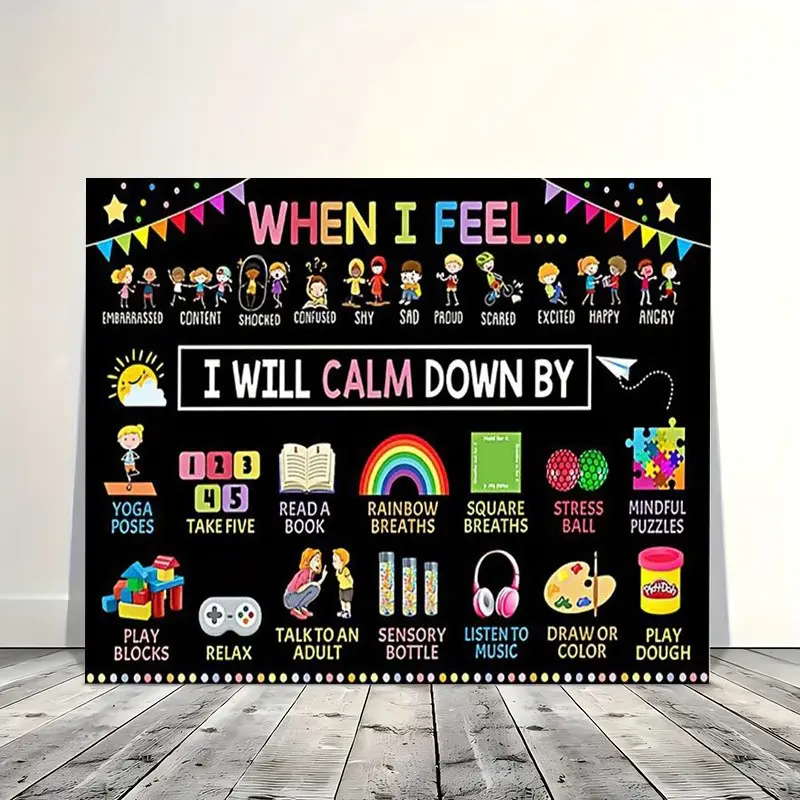 1pc Kids Feelings and Emotions Chart Canvas Print, Frameless Calming Corner Poster, Educational Mental Health Coping Skills Wall Decor for School Elementary Classroom Kindergarten Kids Bedroom, Toddler Counseling Art Picture