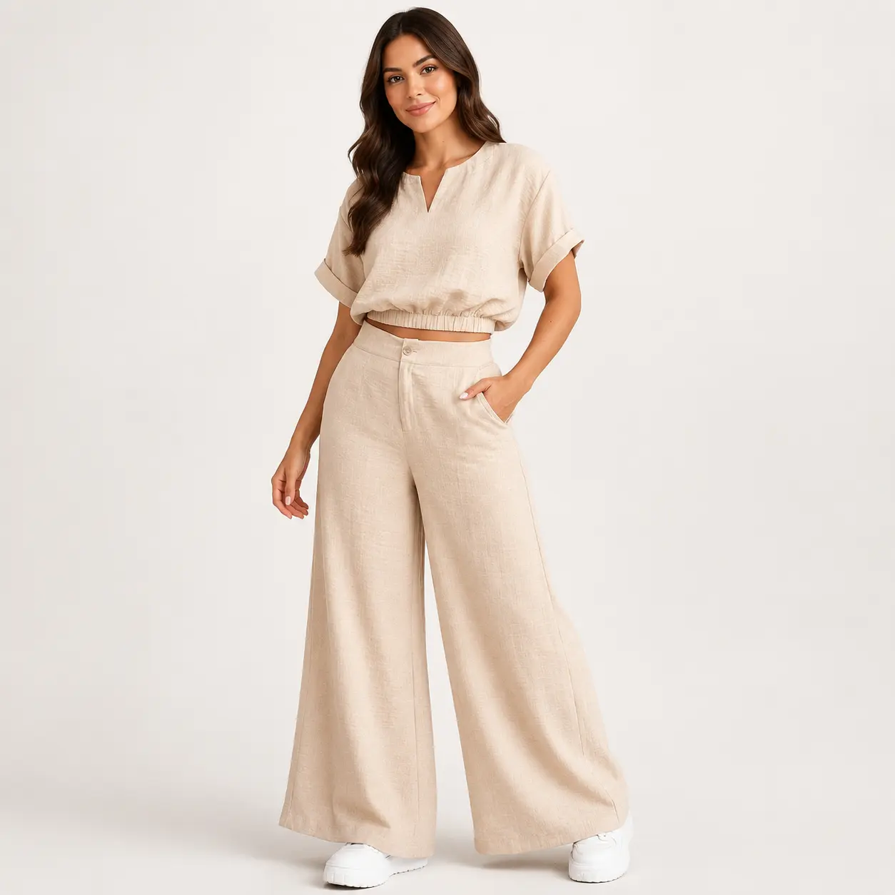 Women's Two Piece Wide Leg Pants Set, Cropped Short Sleeve Top and High Waist Palazzo Pants, Beige Textured Casual Summer Outfit, Matching Vacation Travel Weekend Set for Women, S-XL