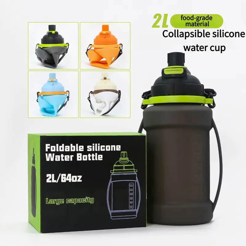 2L large capacity foldable silicone water bottle, food-grade collapsible soft water bottle, suitable for cycling, running and outdoor sports
