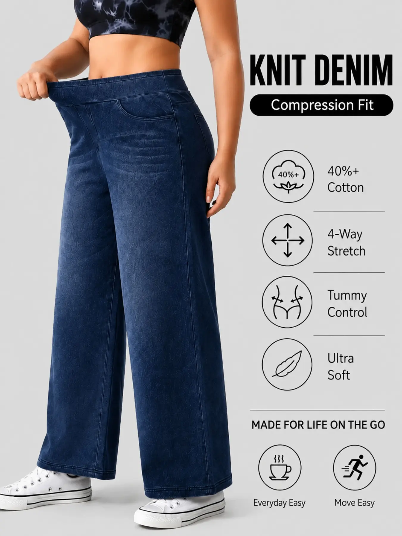 Plus Size High Waist Elastic Wide Leg Jeans, Jeans High Waisted, Stretch Knit Washed Denim with Side Pockets, Casual Everyday Sporty Slimming Jeans for All Seasons