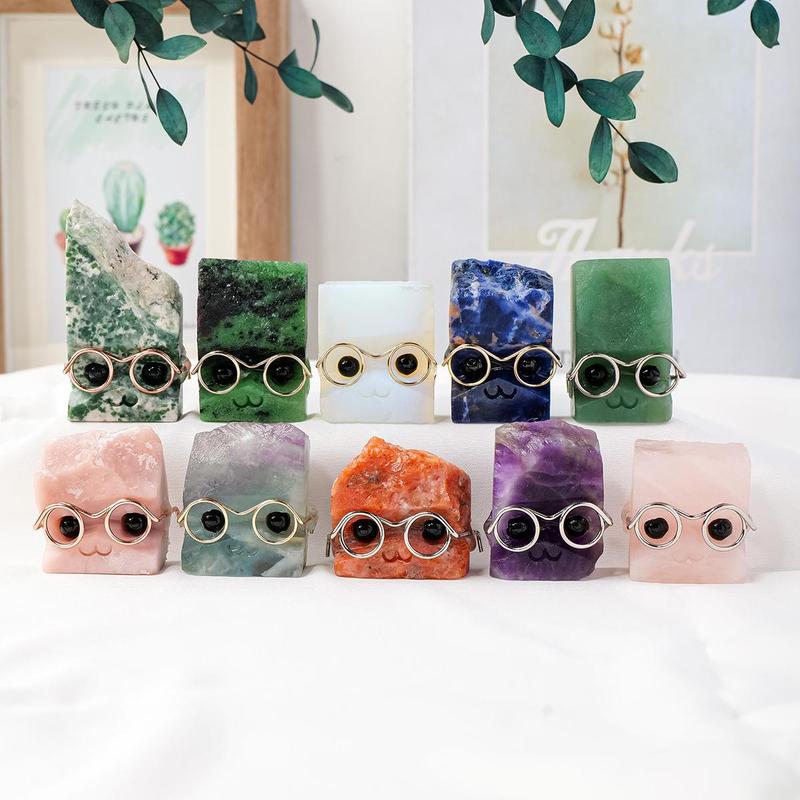 Random Color Natural Crystal Gemstone Pet Figurines with Glasses, 1/3/5 Counts DIY Handmade Crystal Carving Fengshui Sculptures, Pet Memorial Ornaments, Home Garden Decor Natural Crystal Set