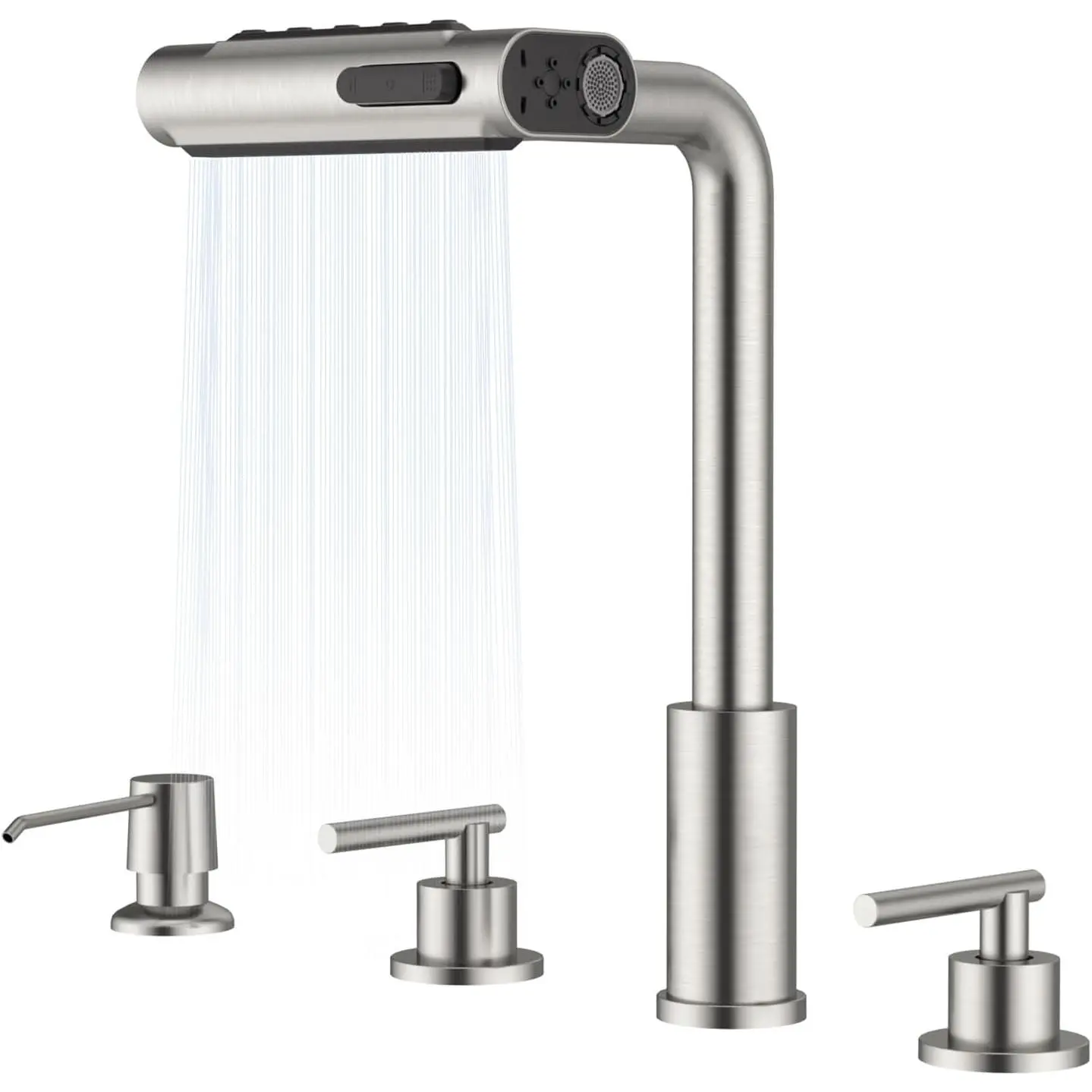 4-Hole Kitchen Faucet, 2-Handle, 5-Mode Waterfall Pull-Down Sprayer | 3-Hole Separate Hot and Cold Handle, CUPC Certified Water Hose, Brushed Nickel Kitchen Sink Faucet with Soap Dispenser