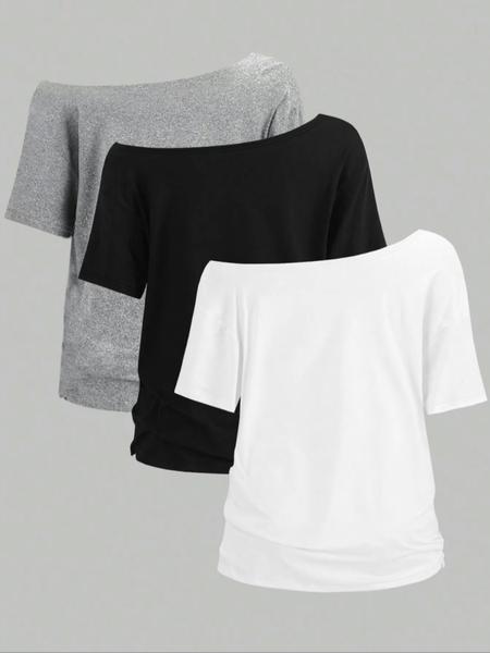 Women's Off-Shoulder Loose Casual Short Sleeve T-Shirt Set of 3, Comfortable Summer Tops for Daily Wear, Stylish and Versatile