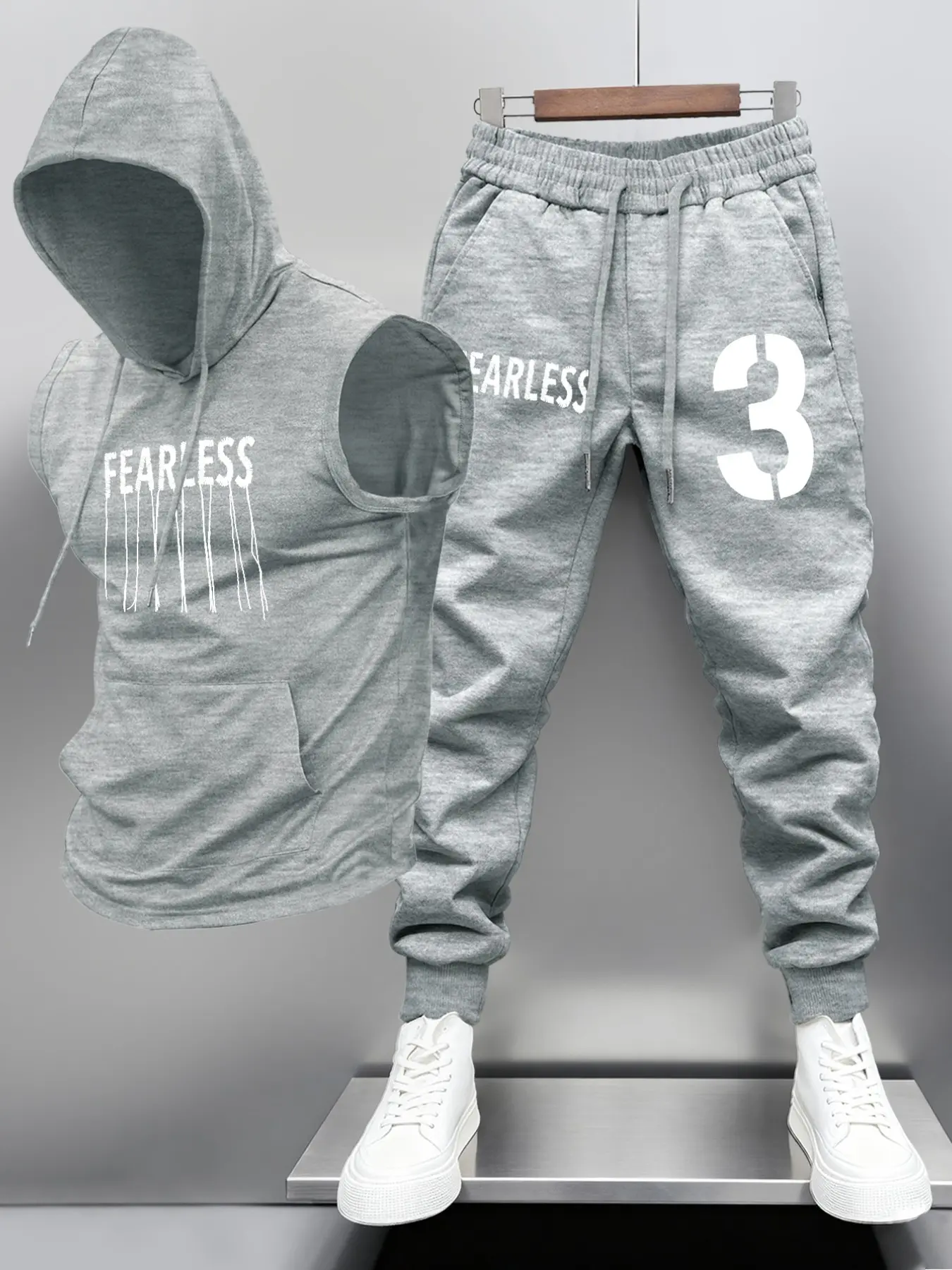 Men's Fashion Hooded Vest Long Pants Set, Fearless Theme Printed, Digital 3 Pattern, Street Sports Style, Perfect Gift Choice
