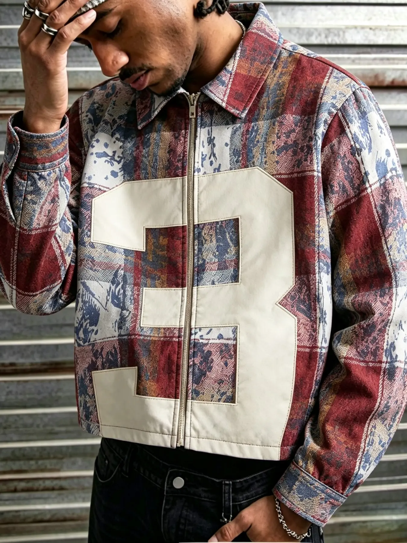 Unisex American Vintage High Street Plaid Jacquard Jacket, Color Block Patchwork Lapel Zipper Coat, Retro Style Long Sleeve for Spring and Fall Casual Wear
