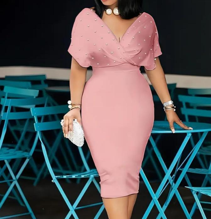 Women Elegant Pearls Deep V Neck Wrap Bodycon Dress Back Zipper Pencil Midi  Dress - TikTok Shop