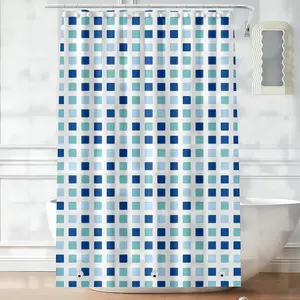 18ACTIVEKITPlastic Shower Liner - Premium PEVA 4G Shower Curtain Liner with Rustproof Grommets and 3 Weighted Magnets, Waterproof Shower Curtains for Bathroom (Blue-Green Square)