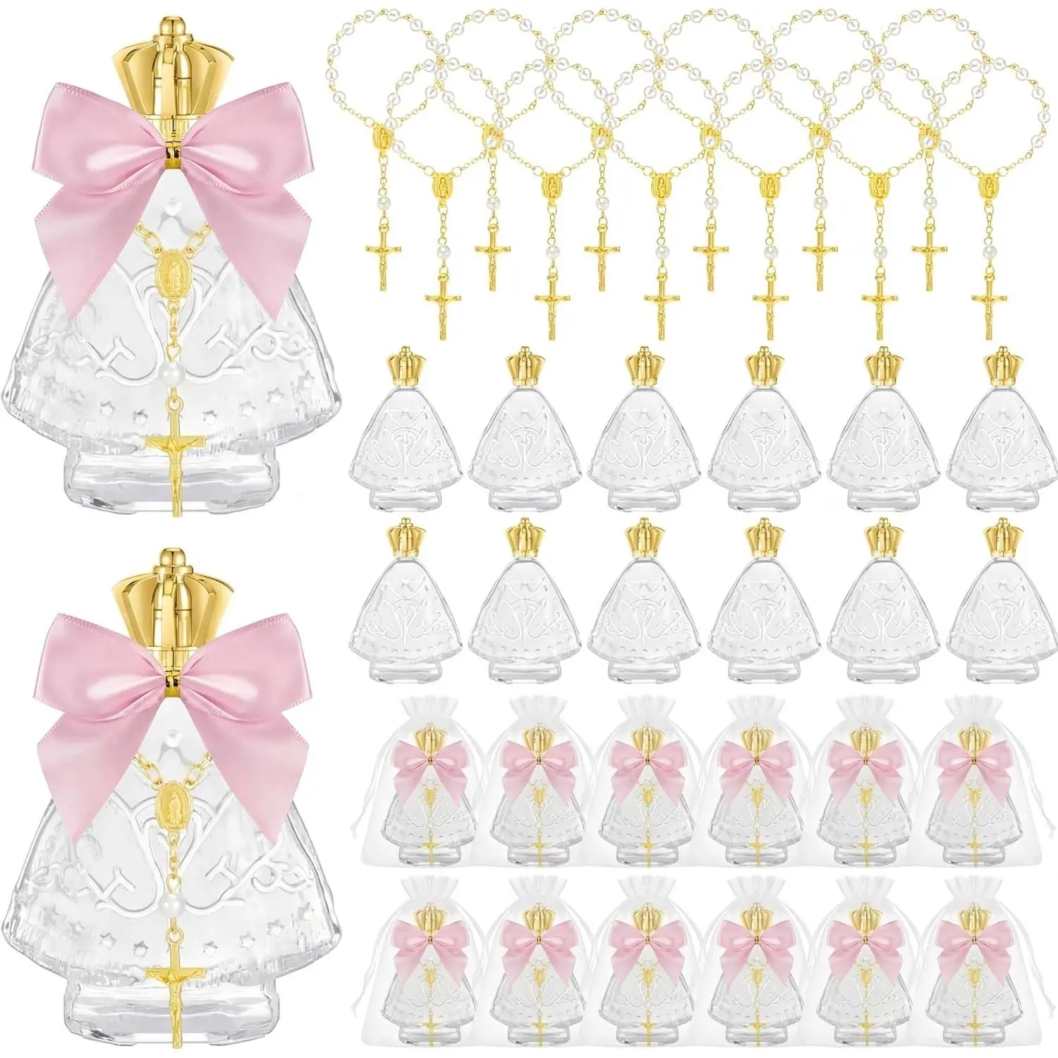 24-Set Holy Water Glass Bottles Gift Kit - 50ml Empty Containers with Cross, Rosary, Organza Bag, Bow, Sacred Look for Baptism, Communion (Blush Pink), Communion Gift