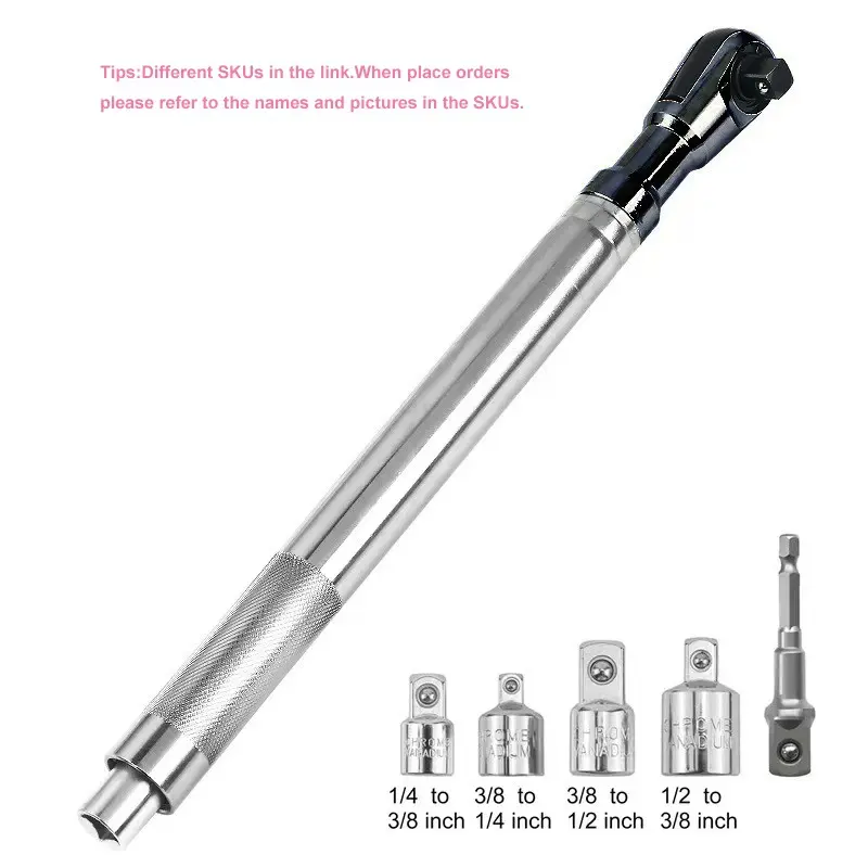 43cm Offset Extension Wrench with 5 Adapters, Multi-Function Ratchet Wrench, Chrome Vanadium Steel, Compactible with Electric Drills And Pneumatic & Manual Wrenches, Ideal for Tight Spaces, Auto Repair Tool, Universal Wrench Extension, Car Repair Tools