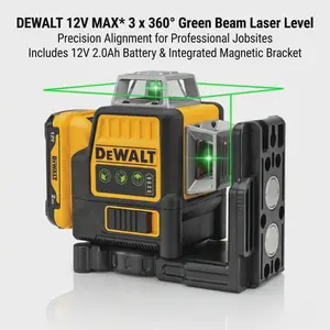 DEWALT 089 12V MAX 3x360 Green Beam Laser Level Kit with 2.0Ah Battery Charger and Storage Bag for Professional Construction, Full Room Layout, IP65 Dustproof Waterproof Automatically Self Leveling 3D Three Plane Tool