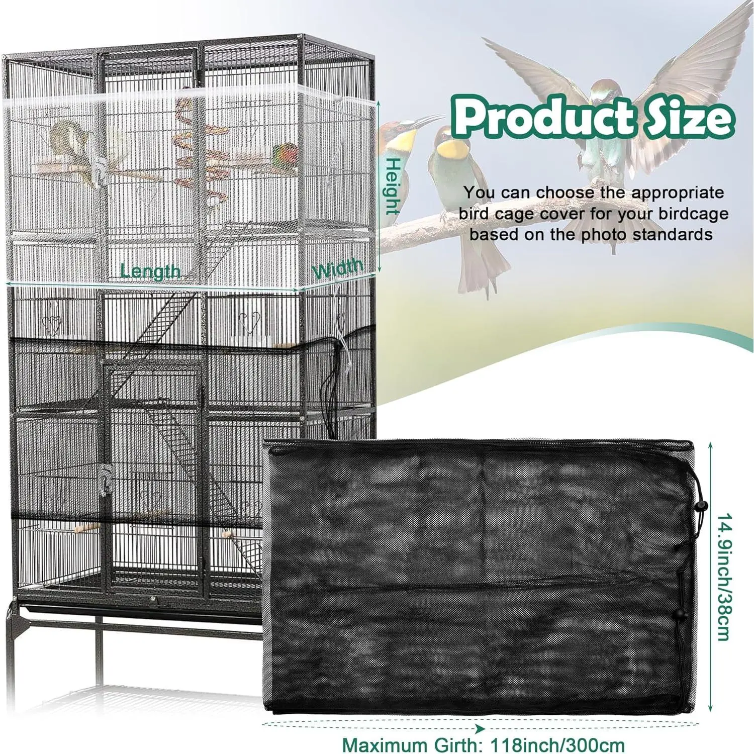 2 Pack Bird Cage Seed Catcher Guard, Bird Cage Cover, Heavy Duty Adjustable Nylon Mesh Netting for Parrot Parakeet Macaw African (XL-118’’*14.9’’)