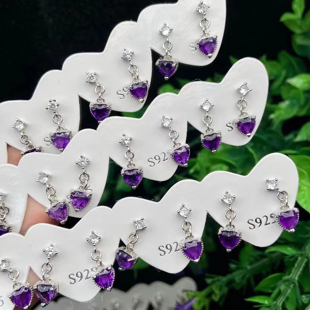 5pc Lucky Stone Earrings Women's Natural Cut Amethyst Heart-Shaped Earrings Sterling Silver Needle Delicate Mosaic Crystal Earrings Ornament Natural Crystal Personalized Birthstones