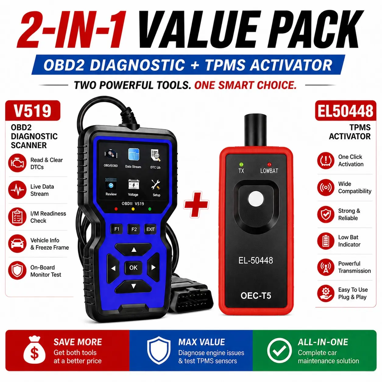 V519 Obd2 Scanner with El-50448 Tpms Relearn Tool, Car Engine Code Reader, Live Data Stream, Battery Tester, Tire Pressure Sensor Reset Kit