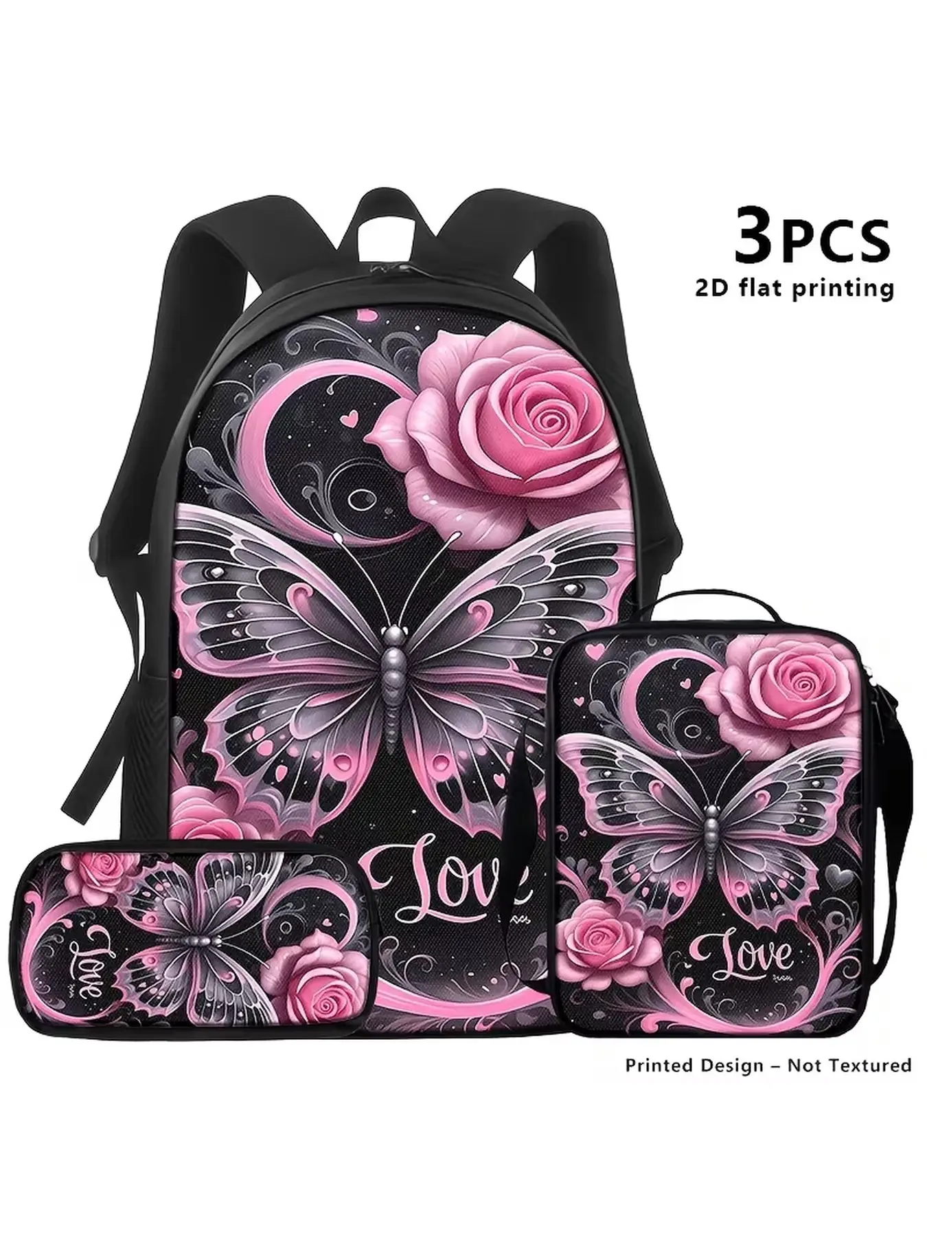 3pcs Backpack  Pen Case Lunch Bag, Printed Bags Featuring Pink Roses And Butterflies with Romantic, Elegant And Charming Design, Ideal for Stylish Adults in Casual, Travel, Or Daily Scenarios