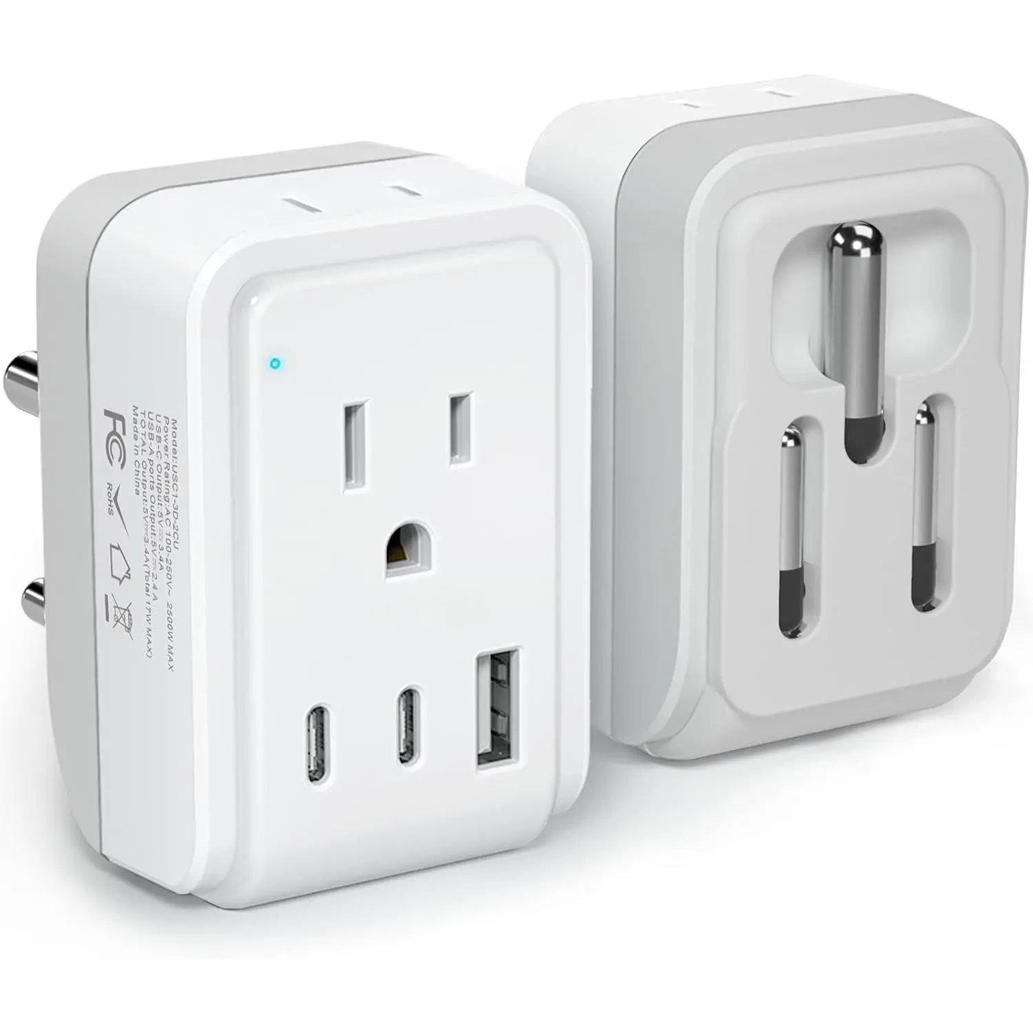 1 Pack  to India Plug Adapter,  Foldable India Power Adapter with 2 Outlets and 3 USB Ports(2 USB C), 5 in 1 Type D Plug Adapter for  to India Bangladesh Maldives Pakistan Sri Lanka
