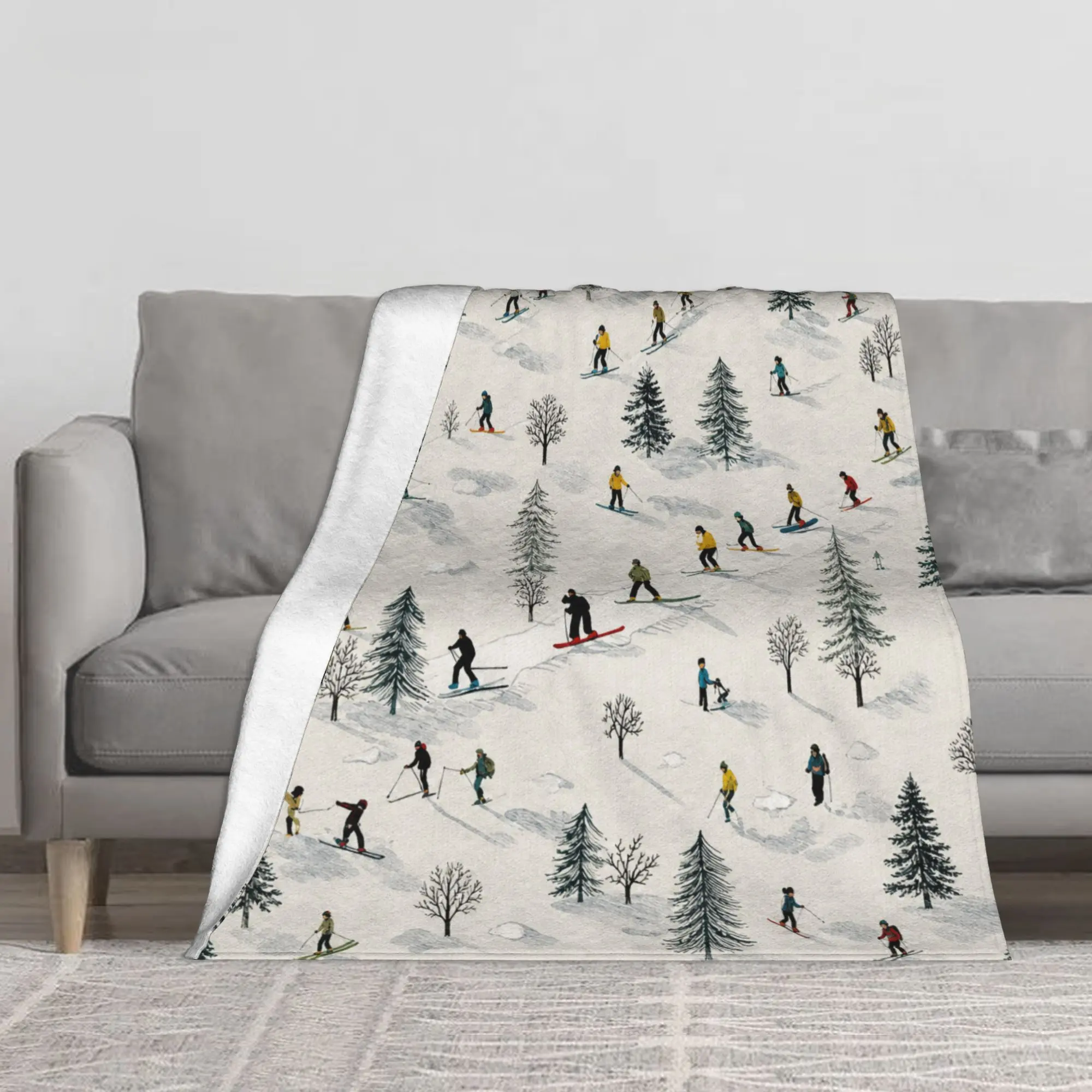 Skiing Pattern Flannel Throw Blanket, 280GSM Soft Cozy Plush Fleece Blanket for Couch Sofa Bed, Winter Sports Skiers and Pine Trees Printed Reversible Warm Microfiber Blanket, Vertical Decorative Blanket for Living Room Camping Travel