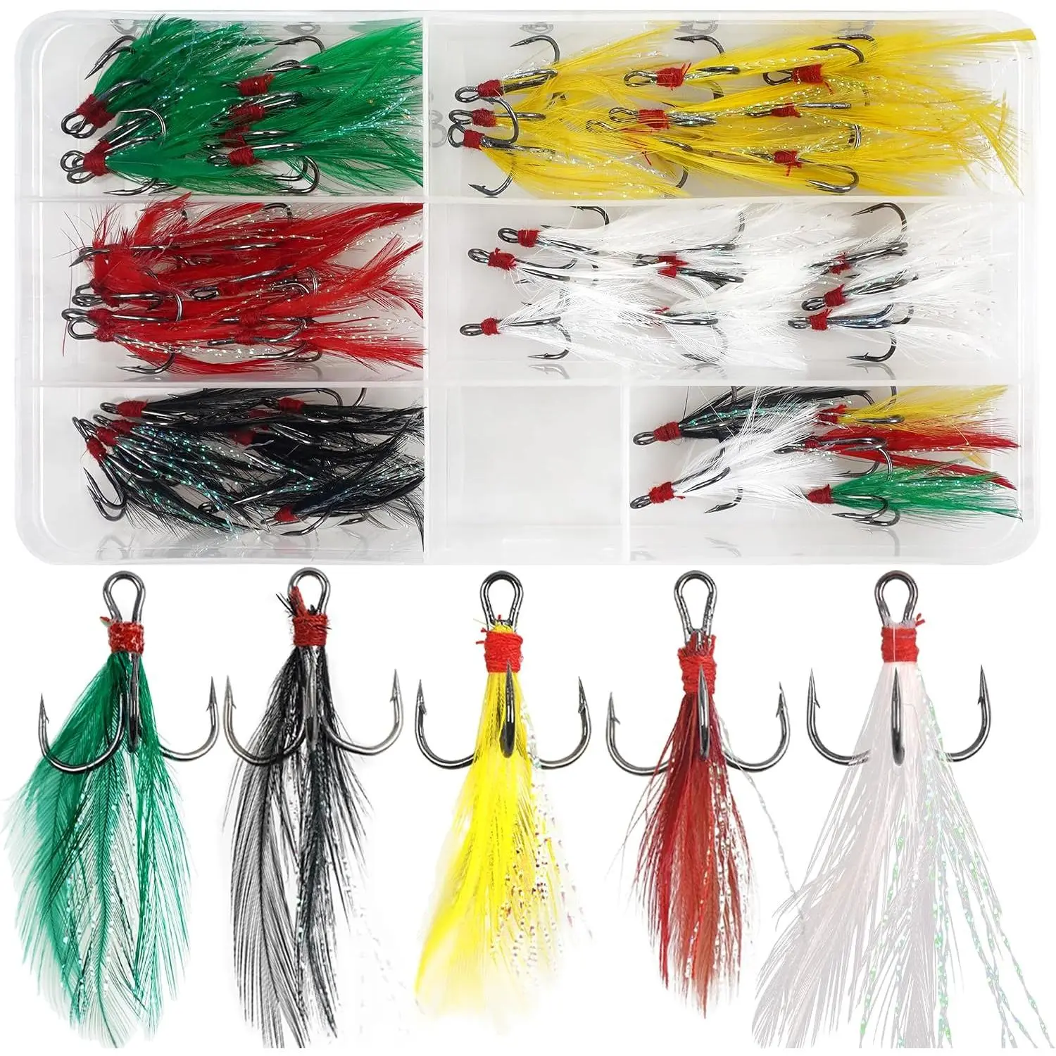 Treble Fishing Hooks  Hooks Kit,50pcs Round Bend Dressed Treble Fishing Hooks    Dressed Teaser Triple Hooks for Catfish Lures Baits