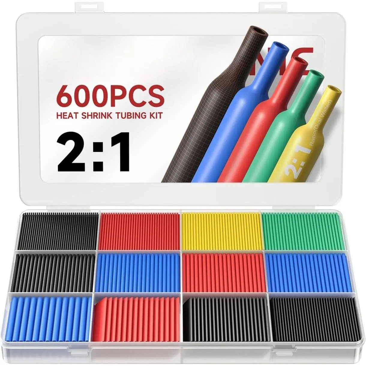 600-Count 2:1 Heat Shrink Tubing Kit with Box, Electrical Wire Wrap for Electric Insulation, 5 Colors, 12 Sizes (Black, Red, Blue, Yellow, Green)