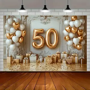 50th Wedding Anniversary Banner Backdrop Golden Celebration Style Polyester Fiber Tapestry Wall Hanging Photography Background Party Home Living Room Event Studio Indoor Outdoor Durable Fabric
