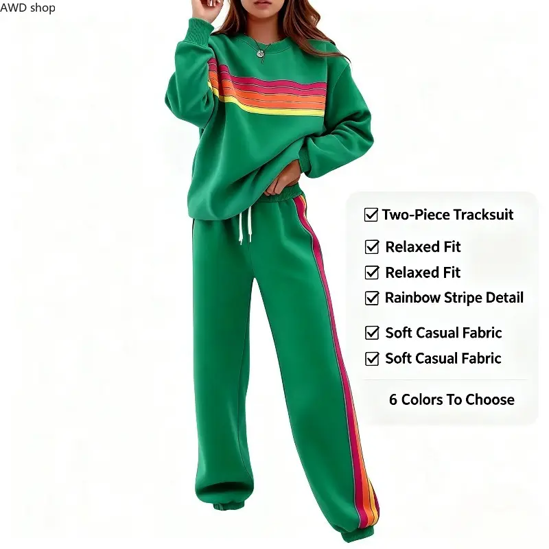 Women’s Rainbow Stripe 2‑Piece Tracksuit, Relaxed‑Fit Crewneck Sweatshirt & Jogger Pants Set, Trendy Casual Loungewear Outfit, Comfort Streetwear, Great for At‑Home Lounging, Daily Errands & Casual Going‑Out Occasions