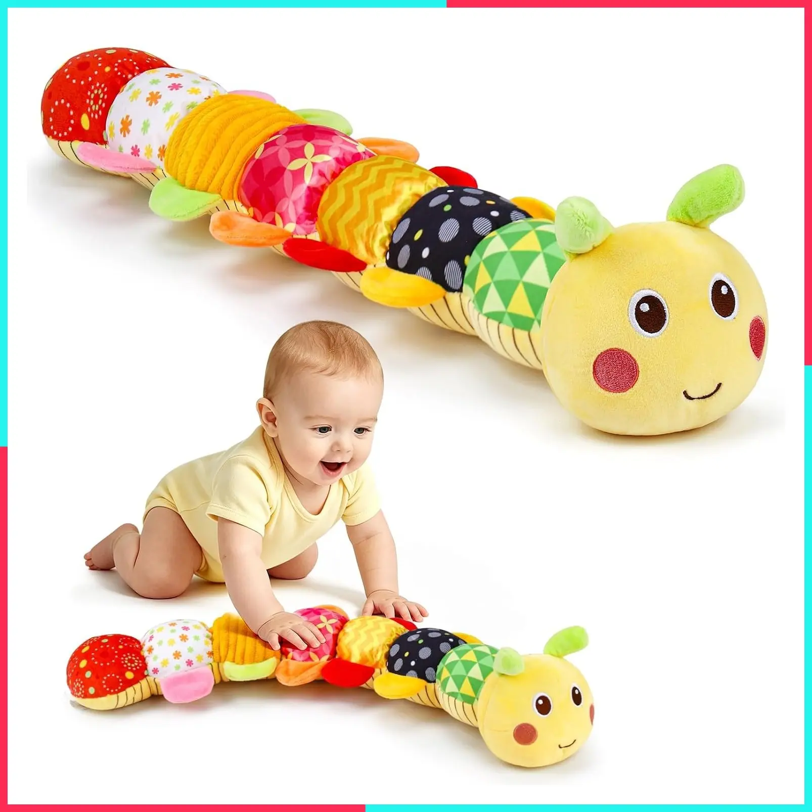 Baby Caterpillar Musical Stuffed Animal Plush Tummy Time Toy for Infant 0-12 Months Teething Sensory Toy with Crinkle Rattle Newborn Birthday Gift