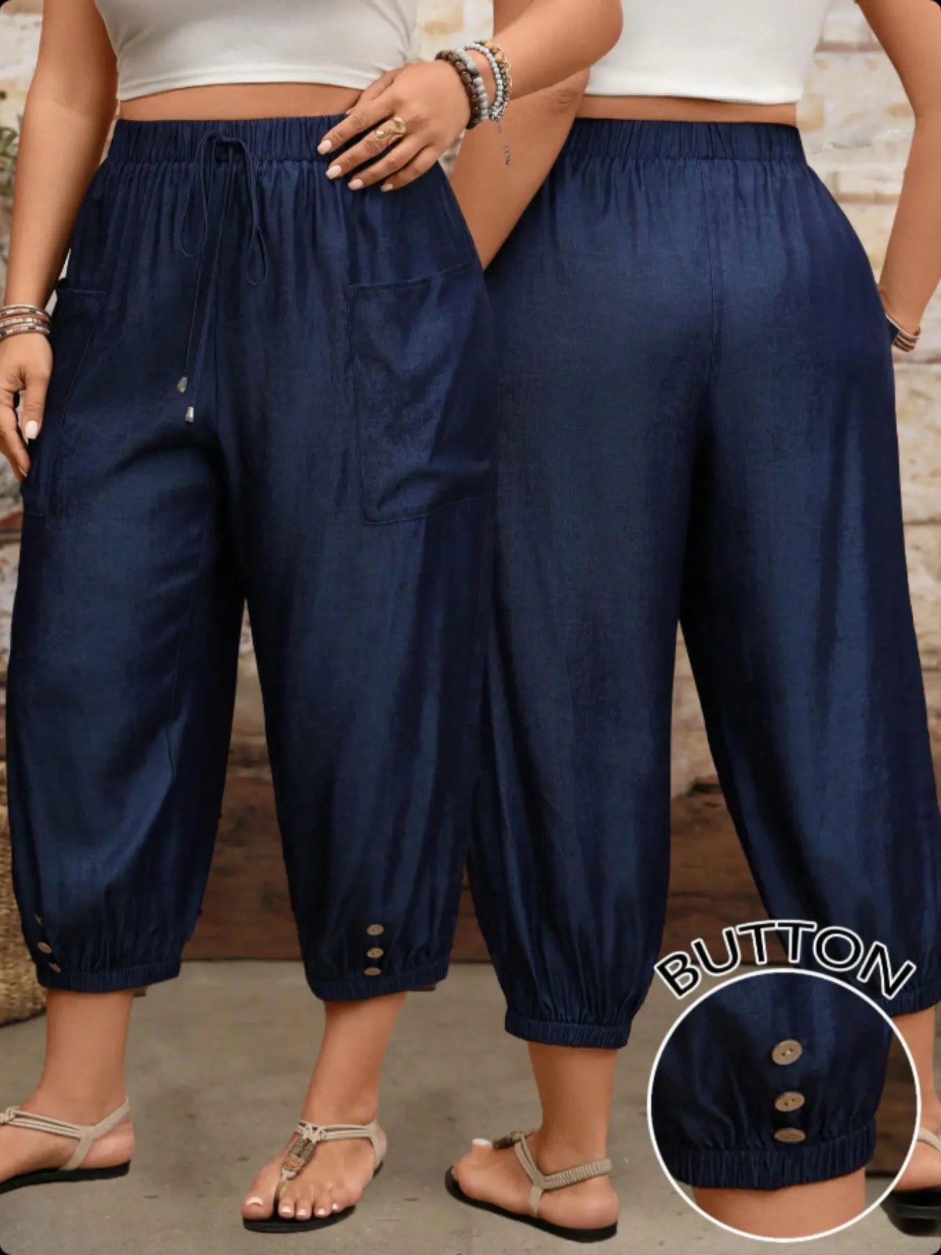 Plus Size Women's Pants, Casual Elastic Waist Nine-Inch Jeans with Decorative Buttons, Adjustable Belt Design, Versatile Everyday Wear