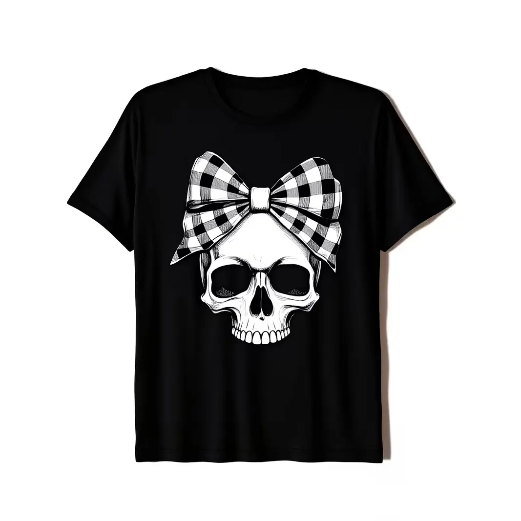 Skull with Black & White Gingham Bow Graphic Tee – Black Tee With Classic Printed Illustration of Skull Wearing Large Checkered Bow, Preppy Goth Aesthetic, 100% Cotton, Perfect Gift For Gothic Lolita Fans & Alternative Style Lovers, Best Spooky Season, Pa