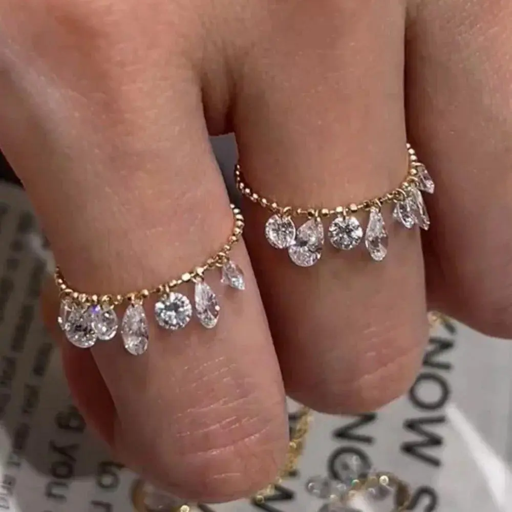 Exquisite 925 Sterling Silver Round Water Drop Zircon Tassel Ring Adjustable Pull Bead Chain Rings for Women Stackable Jewelry