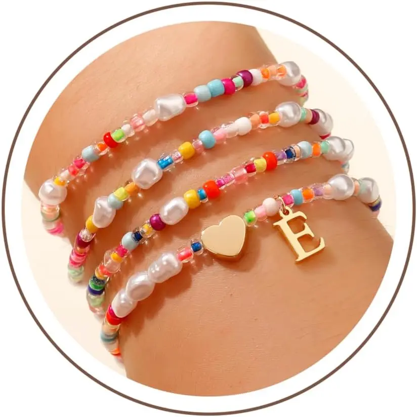 4PCS Stretchable Beaded Pearls Heart Shape Initial Bracelets with Metal Coating - Women's Stackable Costume Jewelry Set, Summer Beach Gifts for Teen Girls Kids, Initial Charm