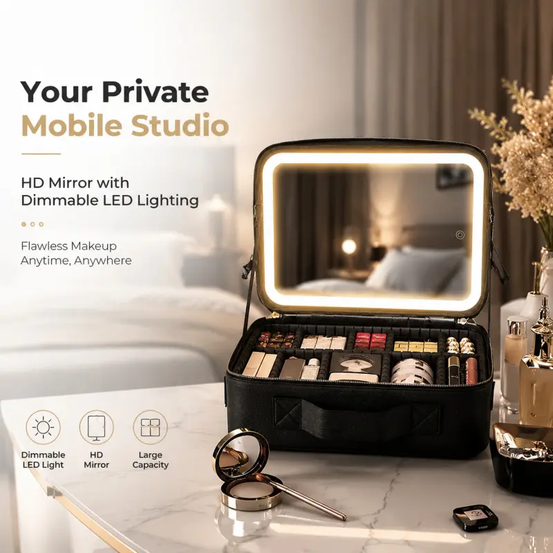 LED Lighted Makeup Case with HD Mirror - Dimmable Light, Large Capacity Travel Cosmetic Storage Organizer, Cosmetic Organizer Box, Beauty Organizer for Flawless Makeup Anytime, Anywhere