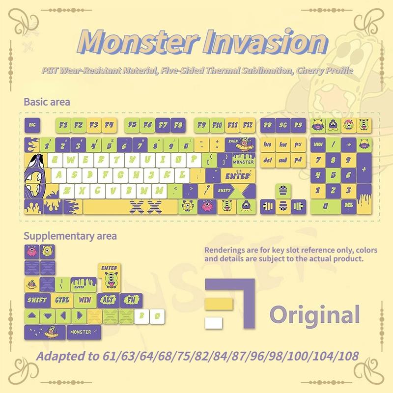 New Monster Invasion Theme 120 Key Pbt Keycaps, Cherry High Profile Design, Full Color Hot Foil, Durable Anti-Grease, Fits 61-108 Keys Mechanical Keyboard