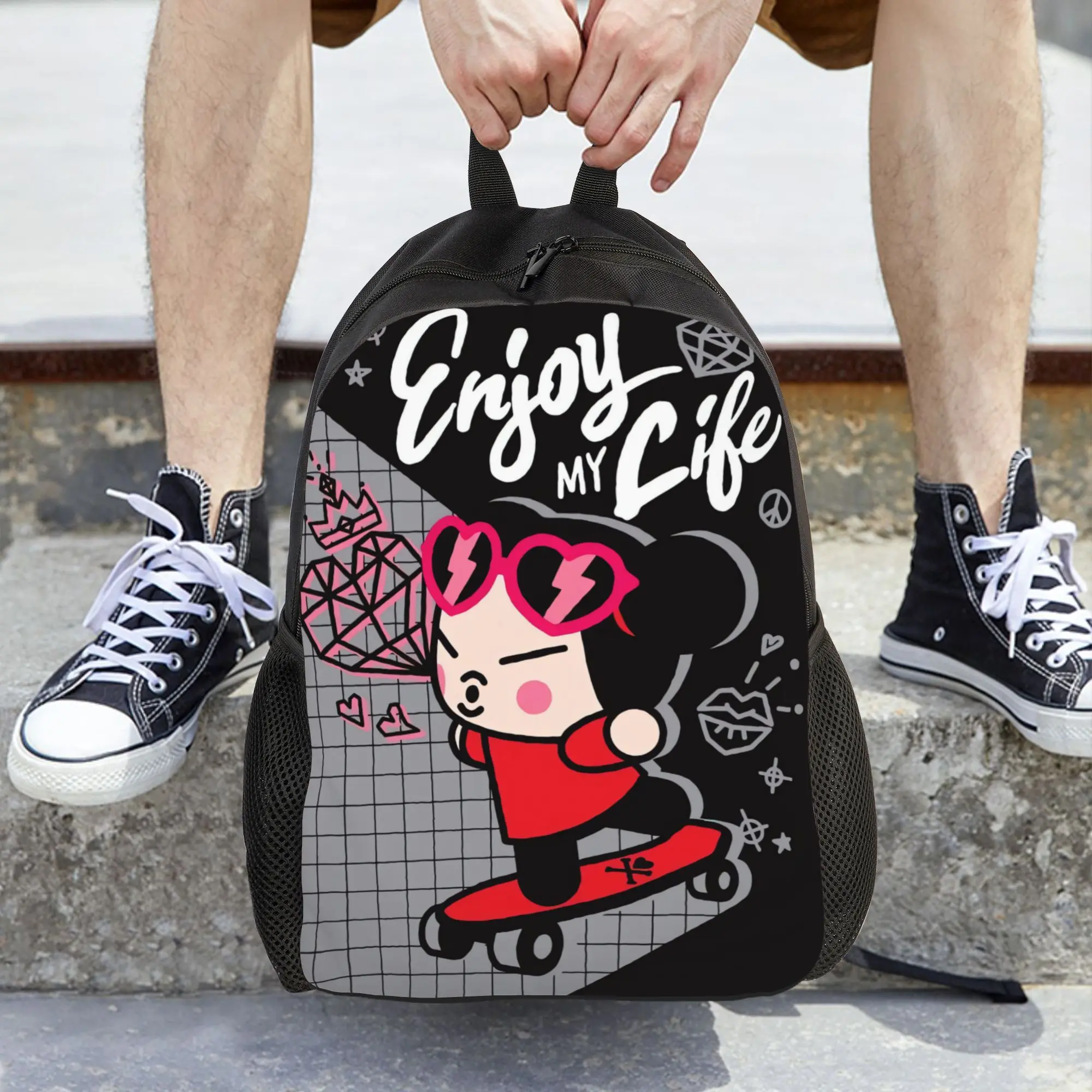 Pucca Graphic Print Backpack for School, Ergonomic & Waterproof Polyester Bag for Teens with 15.6-Inch Laptop Compartment, Pucca Backpack
