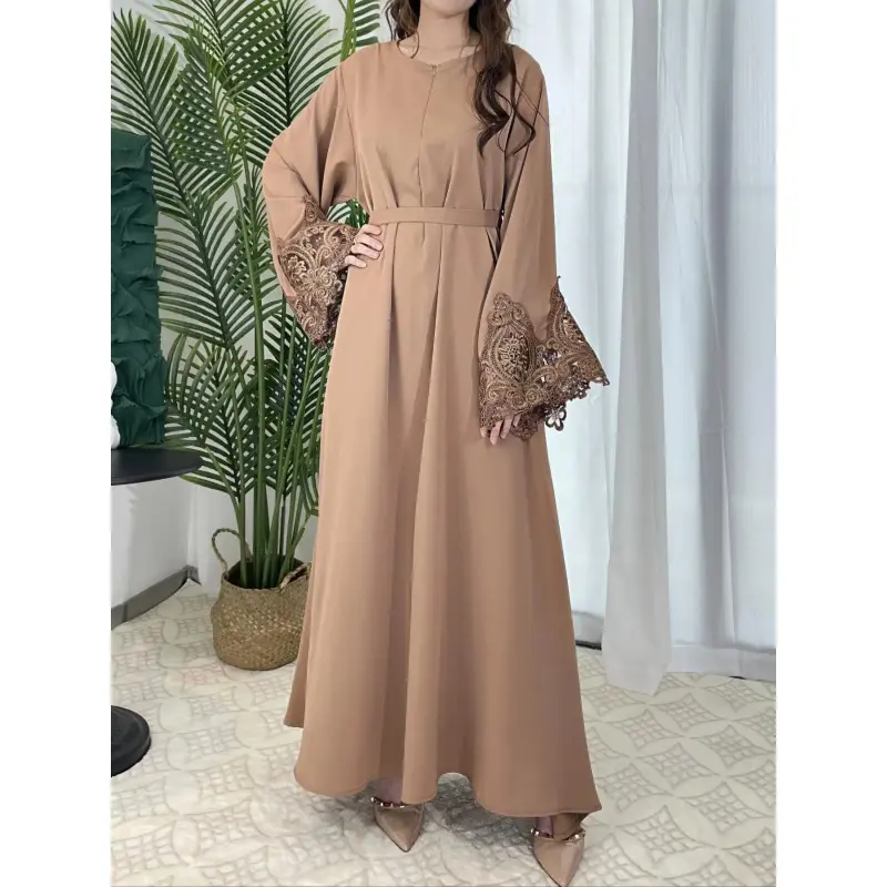 Arabic Clothing-Contrast Lace Long Bell Sleeve Loose Maxi Arabian Dress with Belt, Summer Outfits 2024, Modest Style Dress, Islamic Modesty Clothes, Elegant Kaftan Muslim Dress, Islamic Clothes Caftan for Women, Bubu Kaftan Dress, Maxidresses