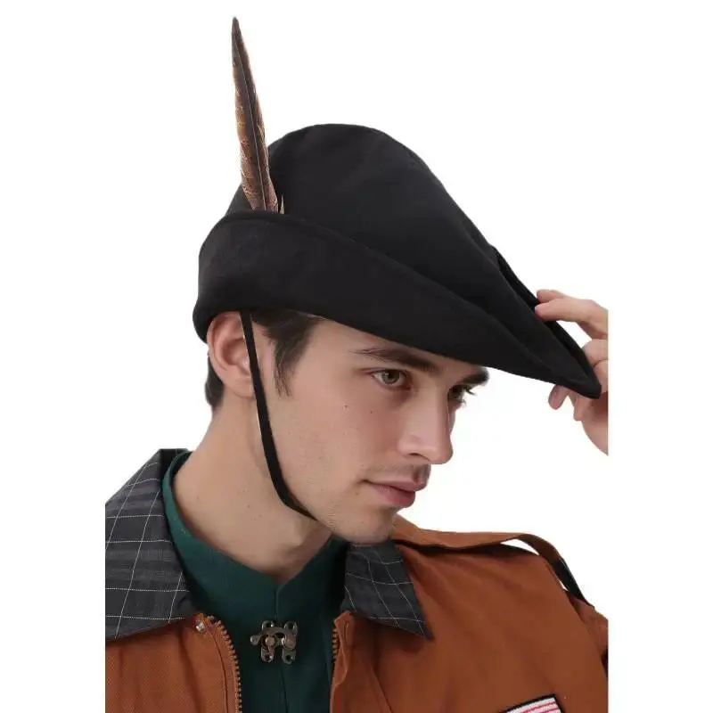 DAZCOS Robin Hood Hat with Feather Renaissance Hat Bycocket Felt Medieval Cap German Costume Accessory for Halloween Adult