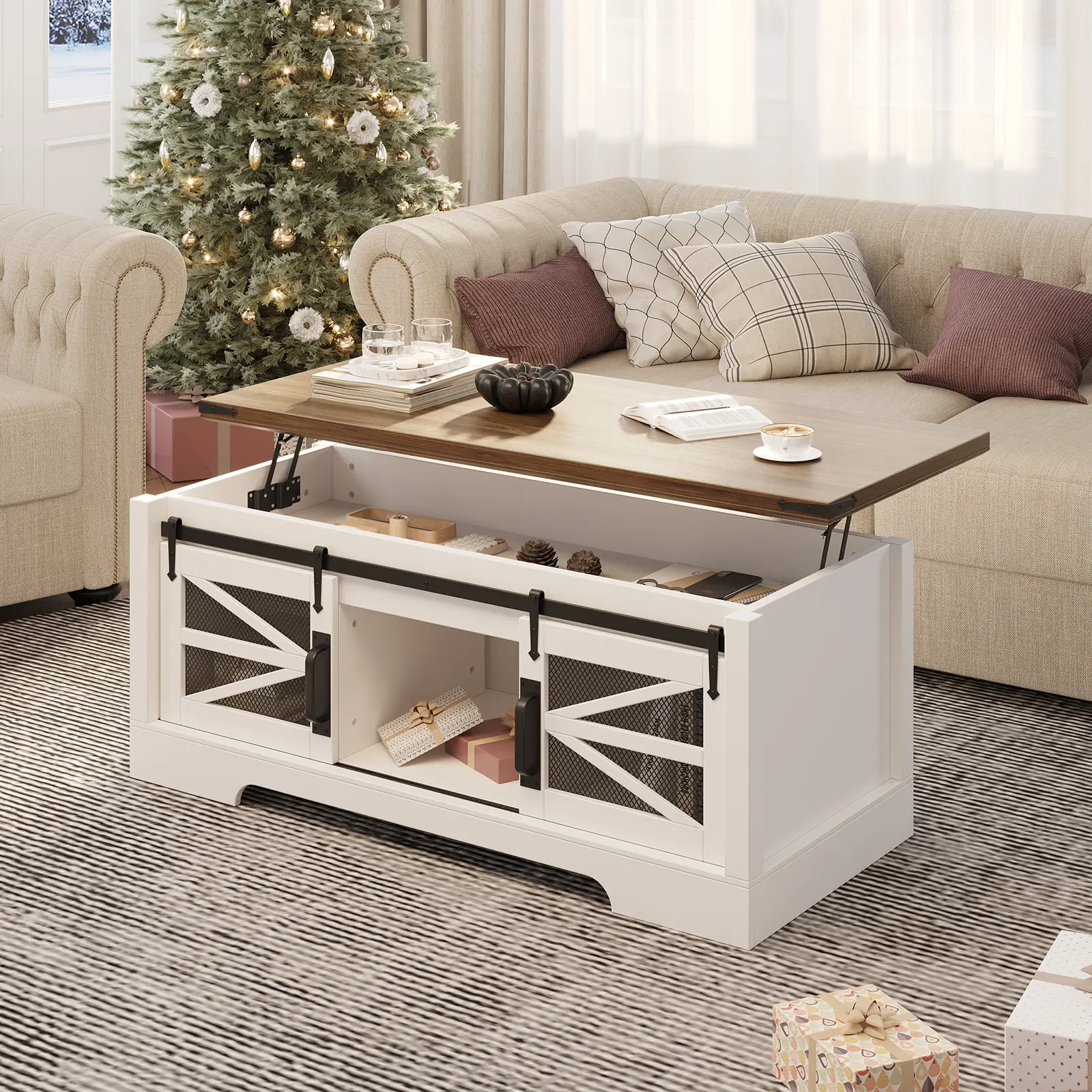 47-Inch Rustic Engineered Wood Farmhouse Coffee Table - Lift Top, Sliding Barn Doors, Large Hidden Storage, Rectangle, Anti-Slip Feet, Easy Assembly for Living Room, Home Office