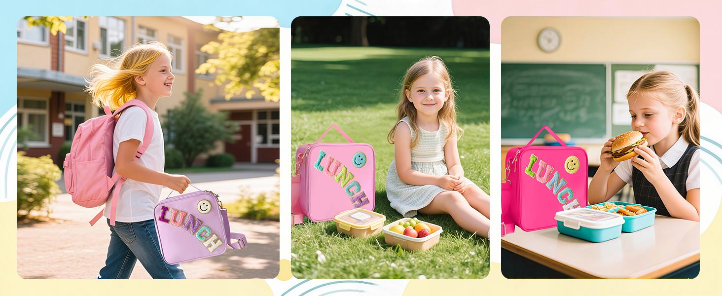 Insulated Lunch Bag with Adjustable Shoulder Strap, Nylon Preppy Lunch Box for Girls, Lightweight Leakproof Reusable Tote, Smiley Face Pattern, for School Travel Picnic, Pink – Bolsa de Almuerzo