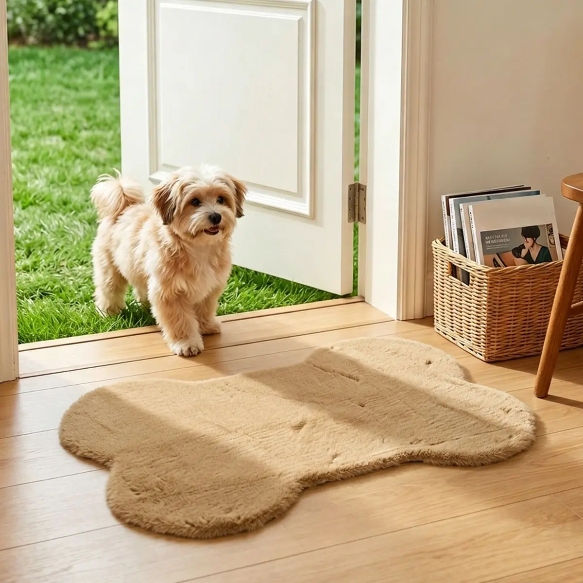 1pc Khaki Dog Bone Shape Faux Fur Entryway Doormat, Durable Non-Slip Front Door Mat for Hallway, Versatile Pad for Bathroom Bedroom Living Room Kitchen, Short Plush Easy Clean Fade Resistant, Cute Pet Theme Home Decor Mat