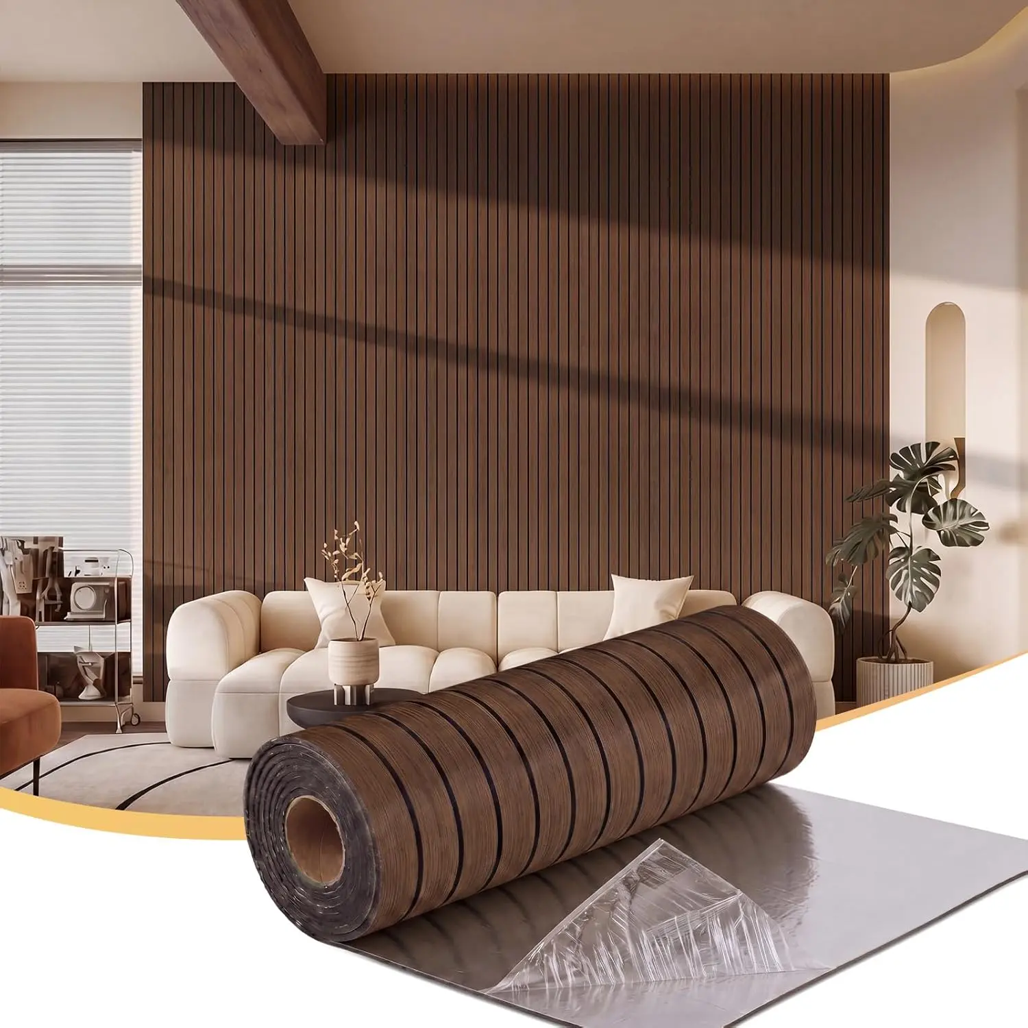 Peel and Stick PVC Wood Slat Wall Panel for Interior Decor 118" x 15.75" Self Adhesive Faux Wood Grain Wall Wallpaper 3D Soundproof Panels for Living Room Bedroom Office Ceiling(Walnut)